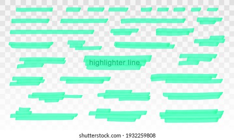 Cyan highlighter lines set isolated on transparent background. Marker pen highlight underline strokes. Vector hand drawn graphic stylish element