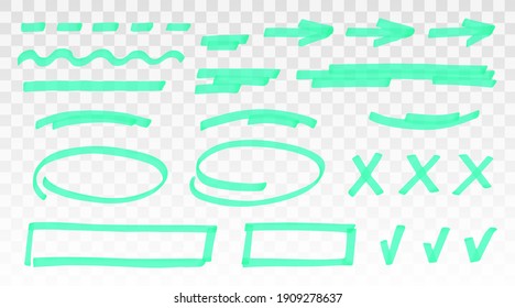 Cyan highlighter set - lines, arrows, crosses, check, oval, rectangle isolated on transparent background. Marker pen highlight underline strokes. Vector hand drawn graphic stylish element