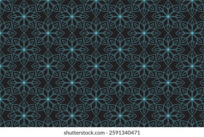 Cyan lines on black  background wedding design.Cyan and black thin line seamless vector pattern. Geometric floral linear flower tile pattern. Luxurious oriental art deco texture background. 