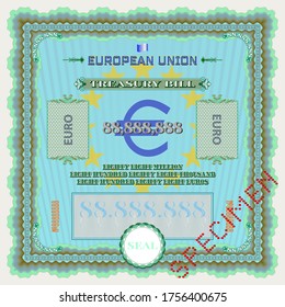 Cyan lucky Treasury bill a face value of 88888888 euro with guilloche protection EPS10