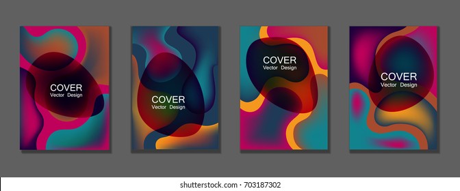 Cyan and magenta fluid colors cover page layout backgrounds set. Bubble fluid shapes. Trendy minimal A4 design for scientific cover, educational chemistry poster. Hipster futuristic vectors.
