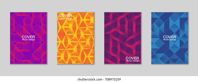 Cyan and magenta halftone shapes geometric cover templates set graphic design. Halftone lines grid vector background triangle, hexagon, rhombus and circle shapes. Future geometric cover backgrounds.