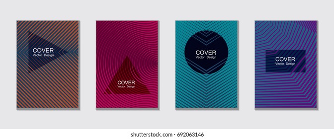 Cyan and magenta halftone vector template with lines, triangles, circles. Title places. Vector journal design geometric shape background set, halftone lines hipster pattern abstract collection.