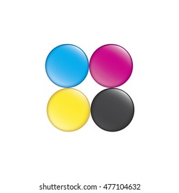 Cyan magenta yellow and black paint or Ink colors in shiny circles representing swatches