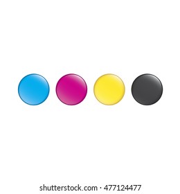 Cyan magenta yellow and black paint or Ink colors in shiny 3d circles or buttons