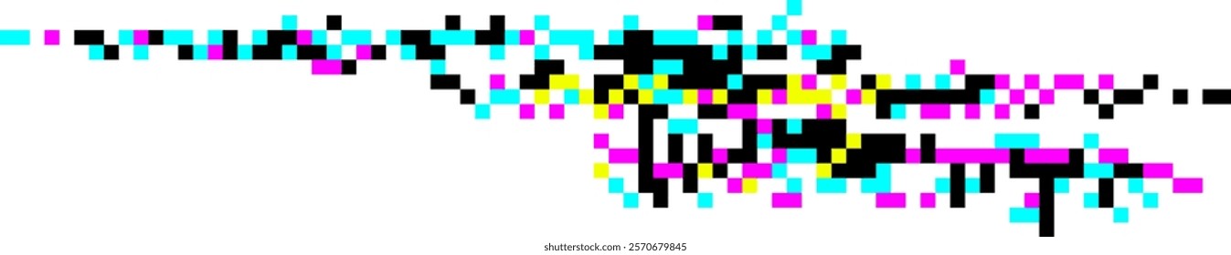 Cyan, magenta, yellow and black pixels scattered on a white background, creating a vibrant and dynamic digital pattern, ideal for technology, art, and design projects