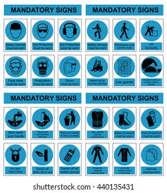 Cyan mandatory construction engineering and manufacturing health and safety sign set isolated on white background