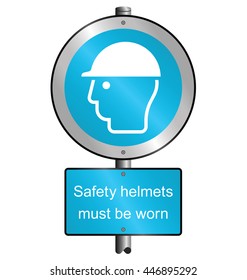 Cyan mandatory construction manufacturing and engineering health and safety hard hat sign to current British Standards mounted on post isolated on white background