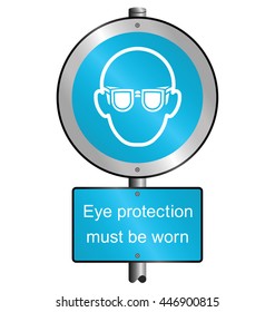 Cyan mandatory construction manufacturing and engineering health and safety eye protection sign to current British Standards mounted on post isolated on white background
