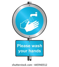 Cyan mandatory health and safety please wash your hands sign to current British Standards mounted on post isolated on white background
