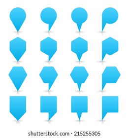 Cyan map pin sign location icon with gray shadow and reflection on white background  in simple flat style. This web design element save in vector illustration 8 eps