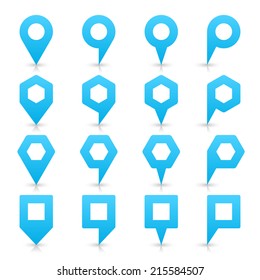 Cyan map pin sign location icon with empty copy space and gray shadow, reflection on white background  in simple flat style. Web design element save in vector illustration 8 eps