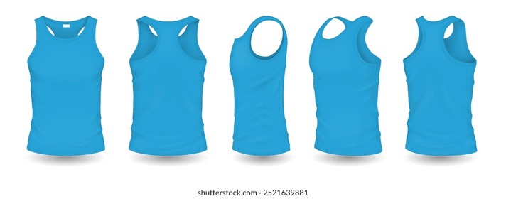 Cyan men sleeveless shirts with mockup design realistic vector illustration set. Clothes with space for brand 3d models on white background