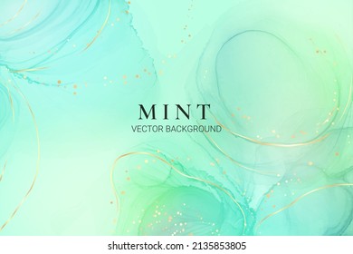 Cyan mint liquid marble watercolor background with golden lines and brush stains. Teal turquoise marbled alcohol ink drawing effect. Royal elegance watercolour vector for wedding invitation.