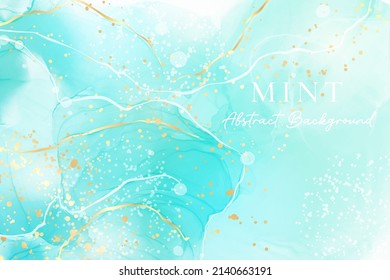 Cyan mint liquid marble watercolor background with golden lines and brush stains. Teal turquoise marbled alcohol ink drawing effect. Royal elegance watercolour vector for wedding invitation.