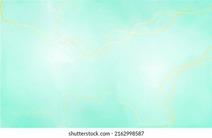 Cyan mint and pink liquid watercolor background with golden stains