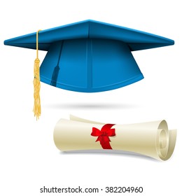 Cyan mortarboard and diploma - graduation cap