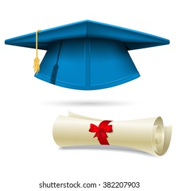 Cyan mortarboard and diploma - graduation cap