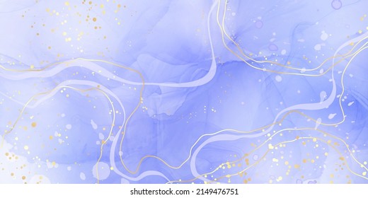 Cyan navy liquid marble watercolor background with gold lines and brush stains. Teal turquoise marbled alcohol ink drawing effect. Vector illustration backdrop, watercolour wedding invitation.