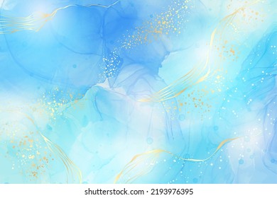 Cyan navy liquid marble watercolor background with gold lines and brush stains. Teal turquoise marbled alcohol ink drawing effect. Vector illustration backdrop, watercolour wedding invitation