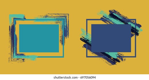 Cyan and navy painted frames advertising design templates for banner, flyer, poster, card. Glamor blue art frame set vector collection. Grunge border with painted brushstrokes background collection. 