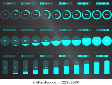 cyan neon circle and piece progress bar growth tracking with dark-grey background