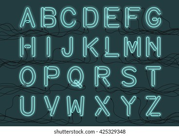 Cyan neon light bulbs custom font with electricity wires connected. Handcrafted alphabet for design. Vector .