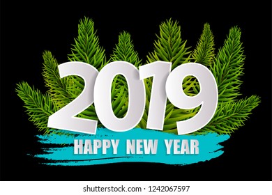 Cyan New Year 2019 greeting card concept with christmas tree branches isolated on black. Vector illustration