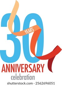 The cyan number 30 with red confetti and word white years and the word anniversary celebration are at the bottom.