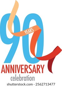 The cyan number 90 with red confetti and word white years and the word anniversary celebration are at the bottom.