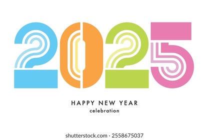 cyan orange lime green and pink number 2025 with word happy new year in the bottom and white color background. happy new year 2025 text design. the template of business diary for 2025 happy new year.