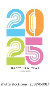 cyan orange lime green and pink number 2025 with word happy new year in the bottom and white color background. happy new year 2025 text design. the template of business diary for 2025 happy new year.