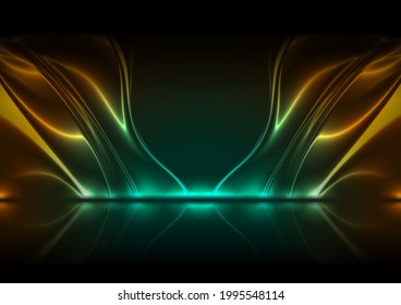 Cyan and orange neon glossy waves abstract tech background with reflection. Vector modern design