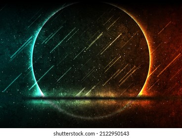 Cyan Orange Neon Laser Circle Frame Abstract Technology Retro Grunge Background. Futuristic Glowing Graphic Vector Design