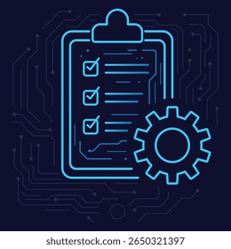 Cyan skizzierte die Zwischenablage mit drei Auswahlfeldern, Linien und einem Zahnradsymbol, die alle in einem digitalen Stil gerendert wurden, was auf Automatisierung und Aufgabenverwaltung hindeutet.