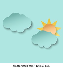 Cyan paper cut cloud and sun. 3d paper art style. Weather design illustration