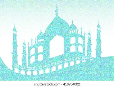 Cyan pattern with mosques on stained glass kaleidoscope backdrop for wishes with beginning of fasting month of Ramadan, as well with Islamic holiday Eid al-Fitr and Eid al-Adha. Vector illustration
