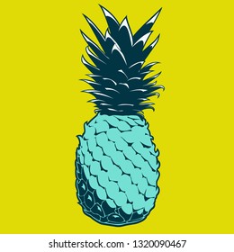 cyan pineapple on yellow background in popart style