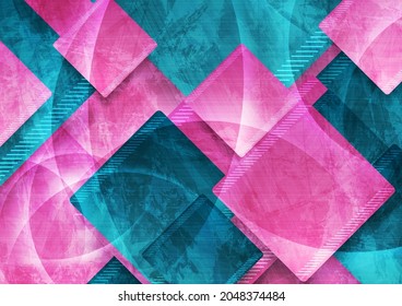 Cyan and pink grunge glossy squares abstract geometric background. Technology vector design