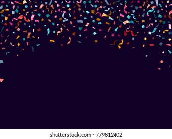 Cyan, pink magenta, gold confetti flying on dark blue poster background. Rich tinsel sparkle elements flying, gradient foil texture serpentine streamers confetti falling birthday background.