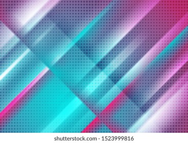 Cyan and pink smooth stripes and dots abstract background. Vector neon light tech design