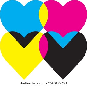 cyan pink yellow and black heart seamless pattern, heart vector illustration.