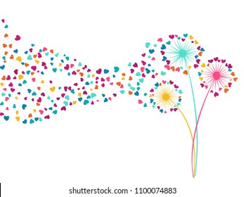 Cyan pink yellow vector dandelion herbs, meadow flowers illustration. Floral seasonal background with dandelion blowing plant. Flowers with heart shaped feather flying. Meadow blossom.