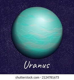 Cyan planet Uranus on dark blue space background. Vector realistic illustration of cosmic object from solar system, with caption