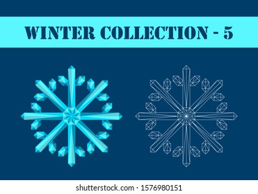 Cyan polygonal and contour snowflakes set isolated on a blue background.  