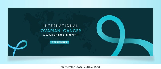 Cyan ribbon awareness graphic for International Ovarian Cancer Awareness Month banner.