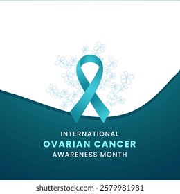 Cyan ribbon with flower awareness graphic for International Ovarian Cancer Awareness Month banner