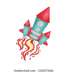Cyan Rocket With Two Portholes And Fire Trace Launched Into Space Vector Illustration Set