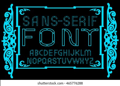 Cyan sans-serif modern font on black background. Vector illustration