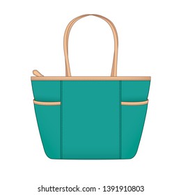 cyan shopping Tote Bag with side pockets, vector illustration sketch template isolated on white background